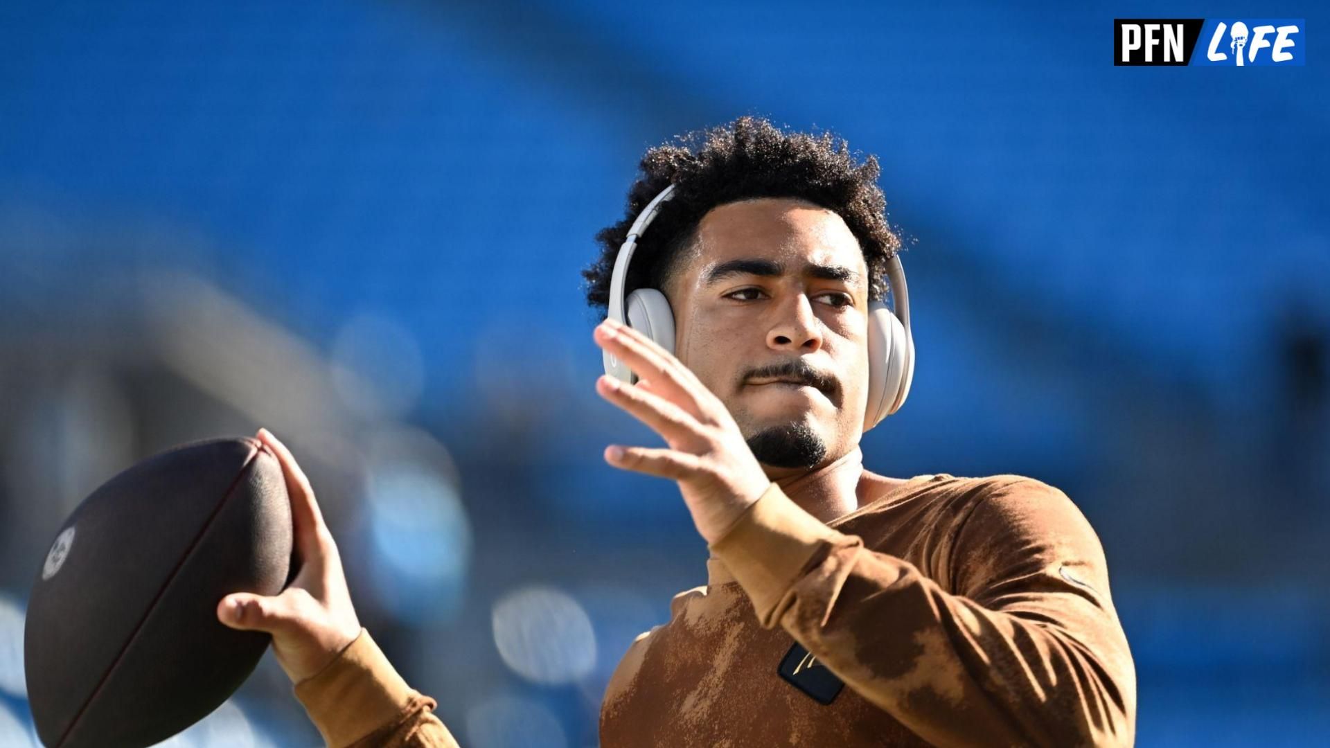 Carolina Panthers quarterback Bryce Young (9) before the game at Bank of America Stadium.