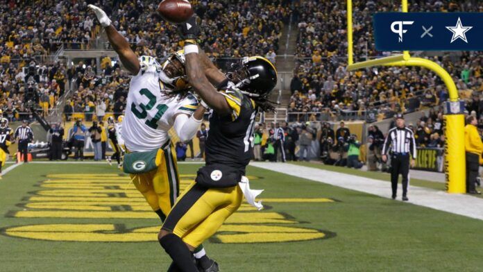 Green Bay Packers cornerback Davon House (31) commits pass interference in the end zone while covering Pittsburgh Steelers wide receiver Martavis Bryant (10).