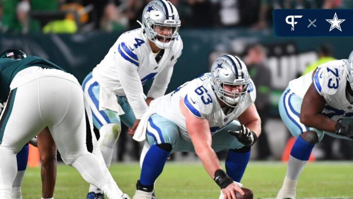 Dallas Cowboys center Tyler Biadasz (63) prepares to snap the ball to quarterback Dak Prescott (4) against the Philadelphia Eagles at Lincoln Financial Field.