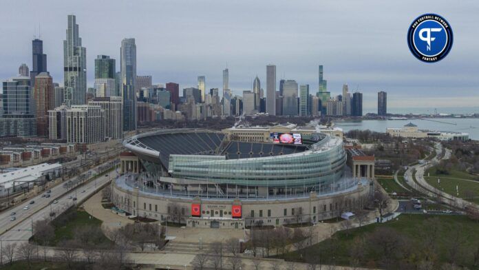 In this drone image, a general view of Soldier Field with the Chicago skyline before a game between the Chicago Bears and the Houston Texans the at Soldier Field.