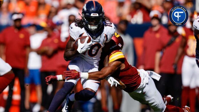 Denver Broncos wide receiver Jerry Jeudy (10) is tackled by Washington Commanders cornerback Kendall Fuller (29).