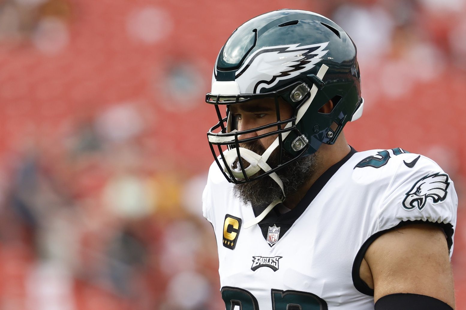 Philadelphia Eagles center Jason Kelce (62) stands on the field during warmups.