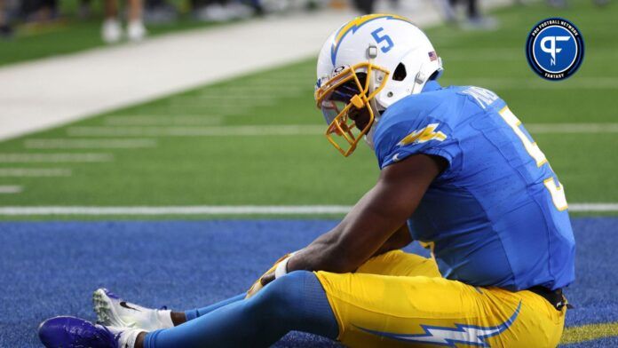 Los Angeles Chargers WR Joshua Palmer (5) reacts after dropping a pass against the Dallas Cowboys.