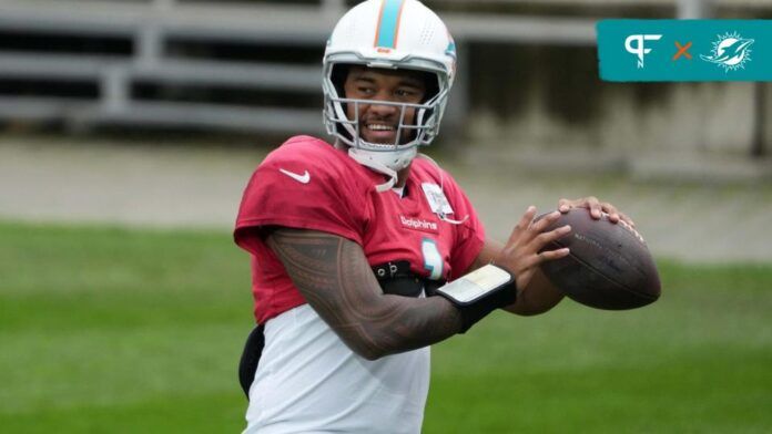 Miami Dolphins quarterback Tua Tagovailoa (1) throws the ball during practice at the PSD Bank Arena.