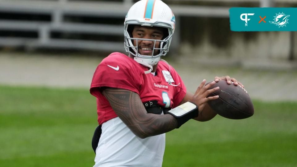 Miami Dolphins quarterback Tua Tagovailoa (1) throws the ball during practice at the PSD Bank Arena.