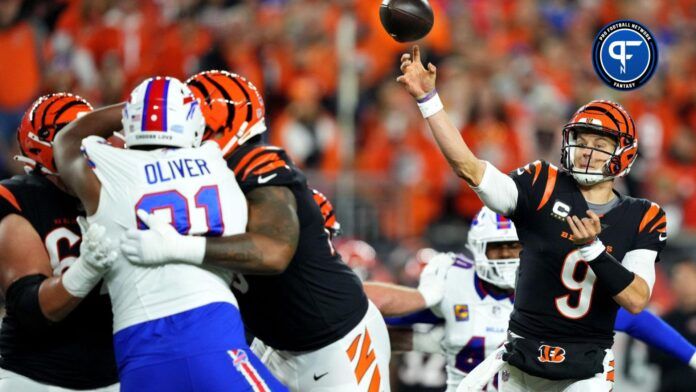 Cincinnati Bengals quarterback Joe Burrow (9) throws in the first quarter during a Week 9 NFL football game between the Buffalo Bills and the Cincinnati Bengals, Sunday, Nov. 5, 2023, at Paycor Stadium in Cincinnati.