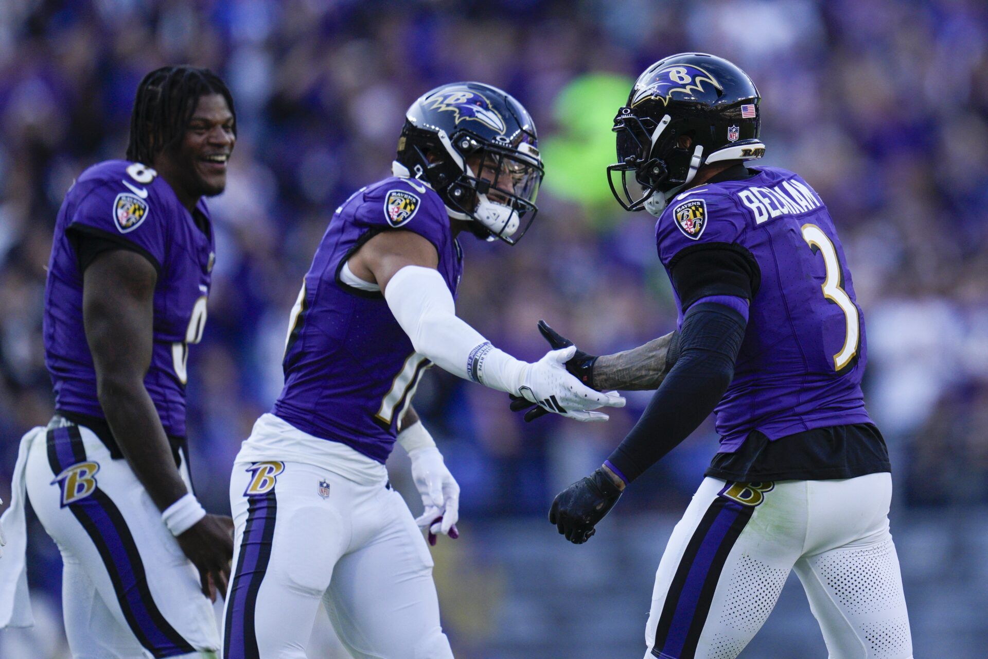 Baltimore Ravens WR Odell Beckham Jr. (3) celebrates his touchdown against the Seattle Seahawks with WR Tylan Wallace (16).