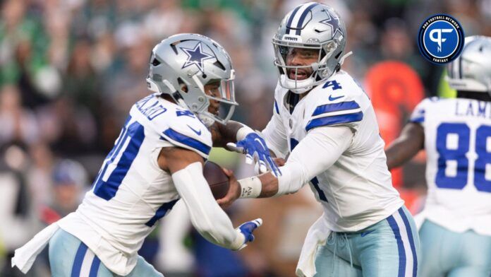 Dallas Cowboys quarterback Dak Prescott (4) and running back Tony Pollard (20) in action against the Philadelphia Eagles during the first quarter at Lincoln Financial Field.