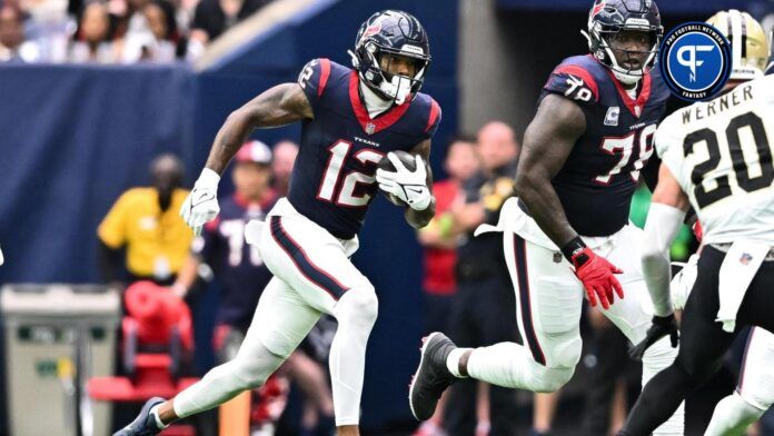 Houston Texans wide receiver Nico Collins (12) runs the ball during the third quarter against the New Orleans Saints at NRG Stadium.