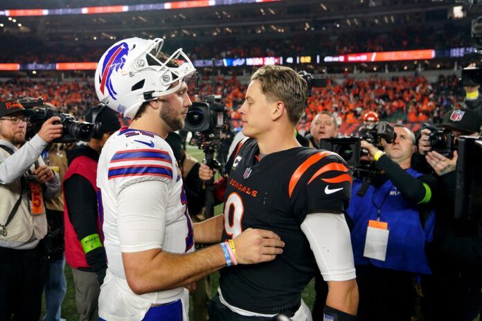 Buffalo Bills quarterback Josh Allen (17) and Cincinnati Bengals quarterback Joe Burrow (9) shake hands at the conclusion of a Week 9 NFL football game between the Buffalo Bills and the Cincinnati Bengals