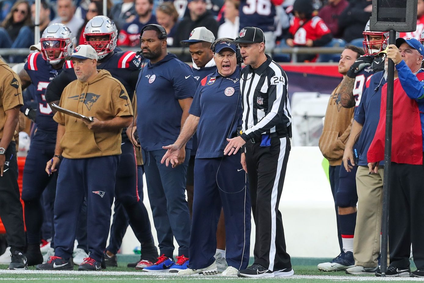 New England Patriots head coach Bill Belichick reacts during the second half against the Washington Commanders.