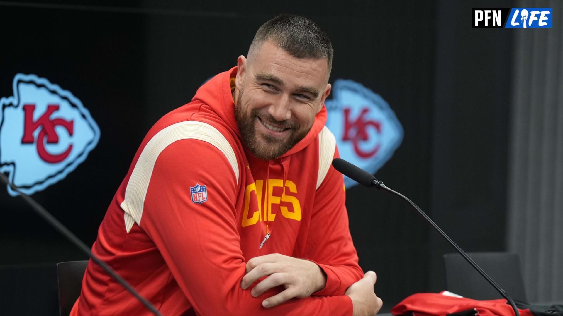 Kansas City Chiefs tight end Travis Kelce (87) at a press conference at DFB Campus.
