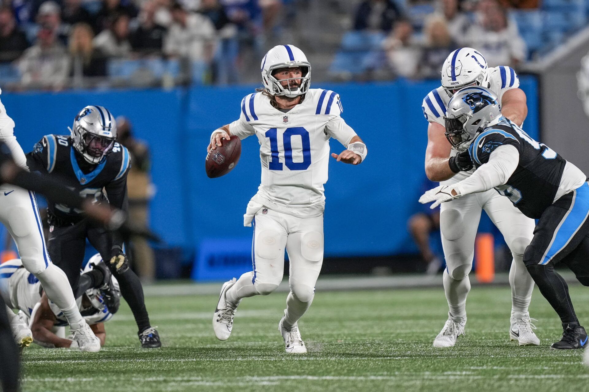 Indianapolis Colts QB Gardner Minshew (10) gets set to pass against the Carolina Panthers.