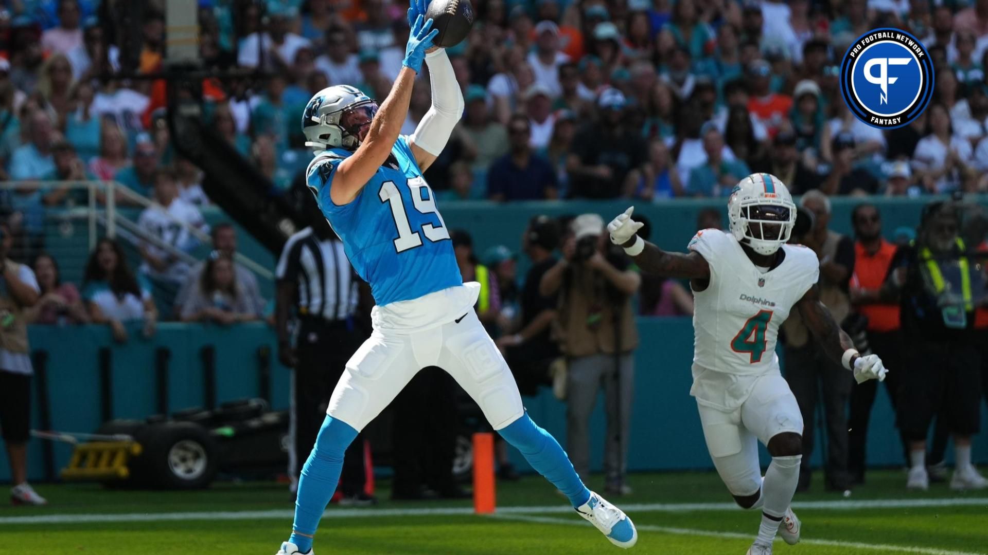 Carolina Panthers WR Adam Thielen (19) catches a TD pass against the Miami Dolphins.