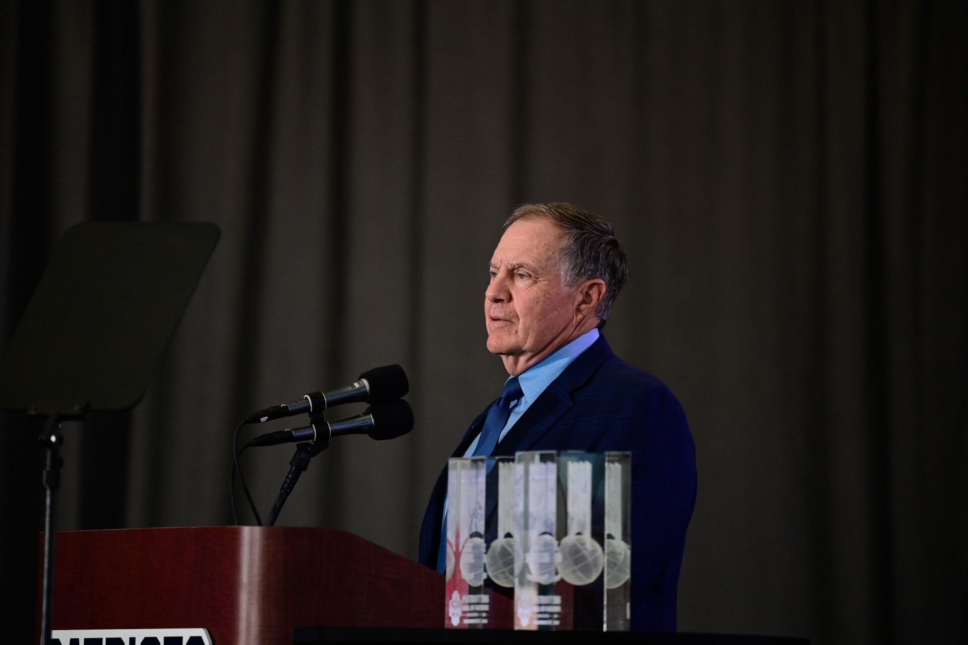 New England Patriots head coach Bill Belichick gives a speech at the 2023 Patriots Hall of Fame induction.