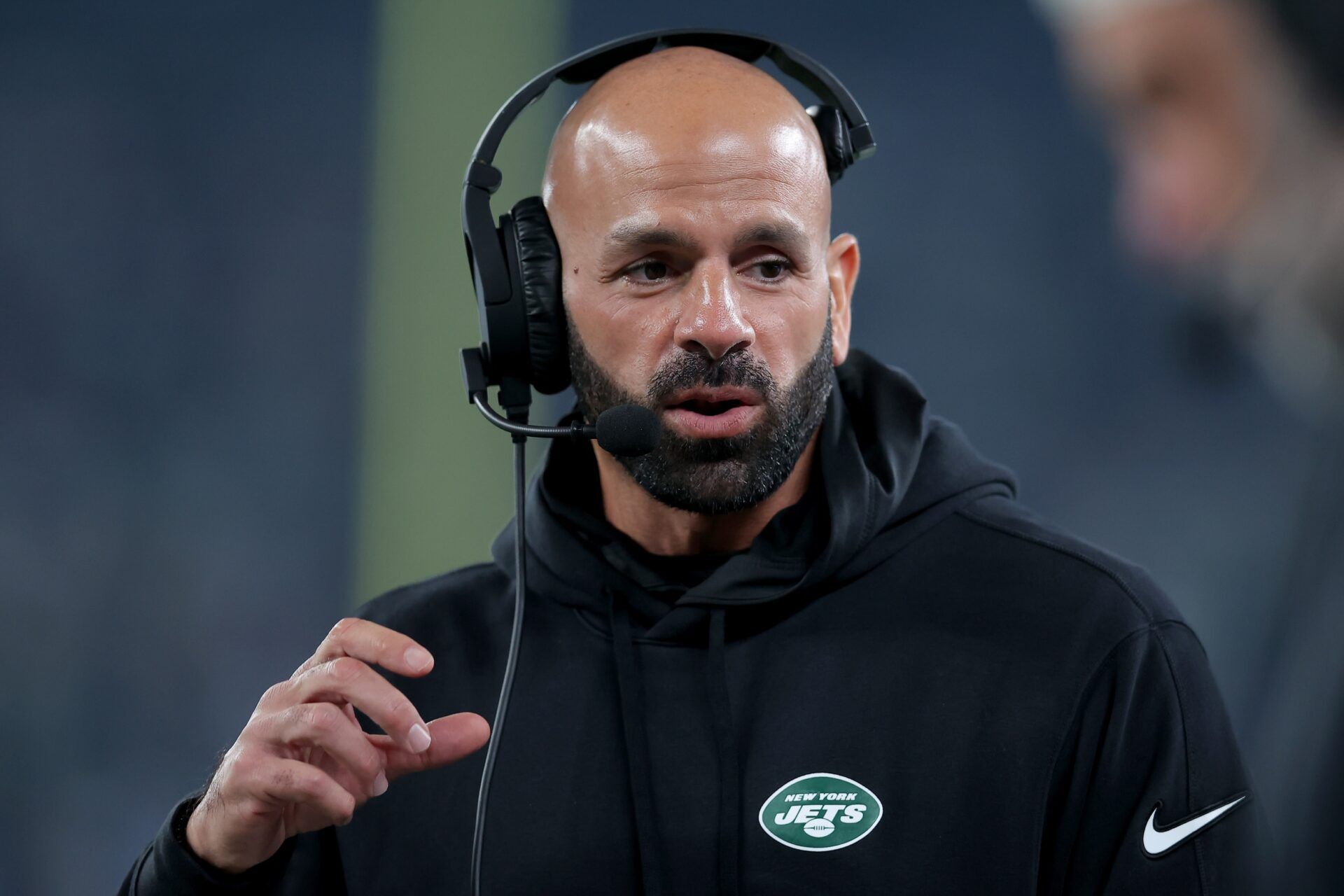 New York Jets head coach Robert Saleh on the sidelines during the game against the Los Angeles Chargers.