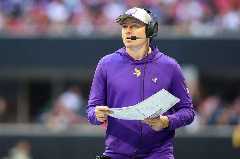 Minnesota Vikings head coach Kevin O'Connell on the sideline against the Atlanta Falcons in the second half at Mercedes-Benz Stadium.