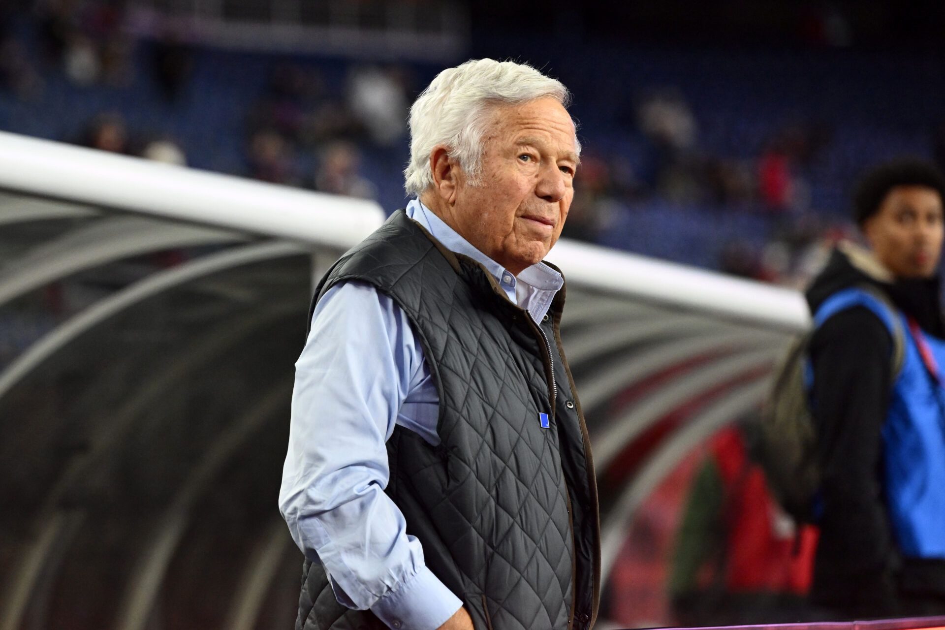 The owner of the New England Revolution, Robert Kraft, looks on during warms ups before the game against the Philadelphia Union at Gillette Stadium.