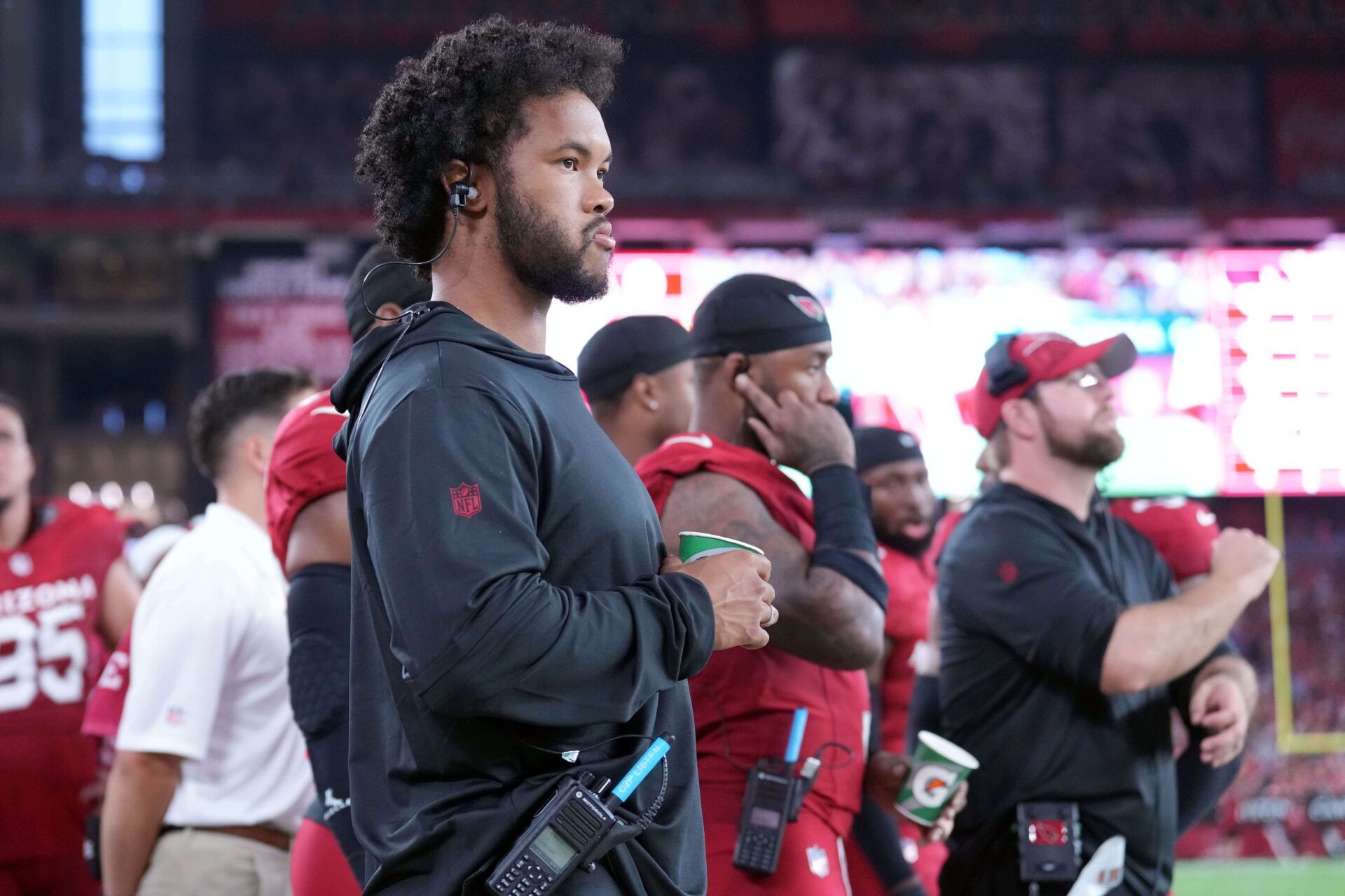 Arizona Cardinals quarterback Kyler Murray (1) looks on against the Kansas City Chiefs during the first half at State Farm Stadium.