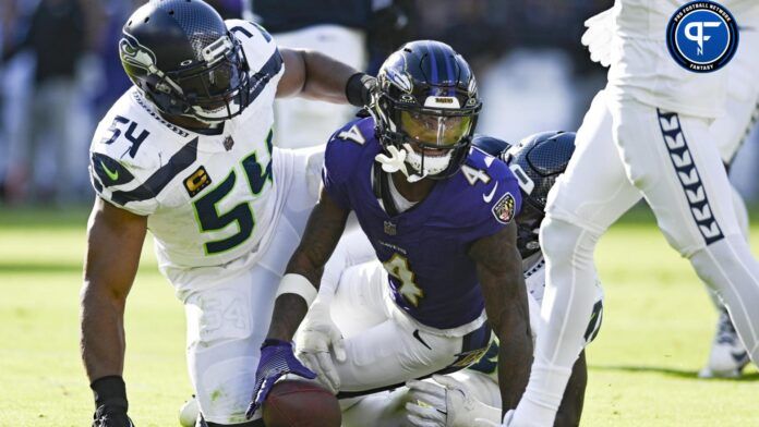 Zay Flowers (4) reacts after making a first down] during the first half against the Seattle Seahawks at M&T Bank Stadium.