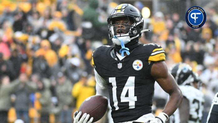 Pittsburgh Steelers wide receiver George Pickens (14) celebrates a third quarter touchdown against the Jacksonville Jaguars at Acrisure Stadium.