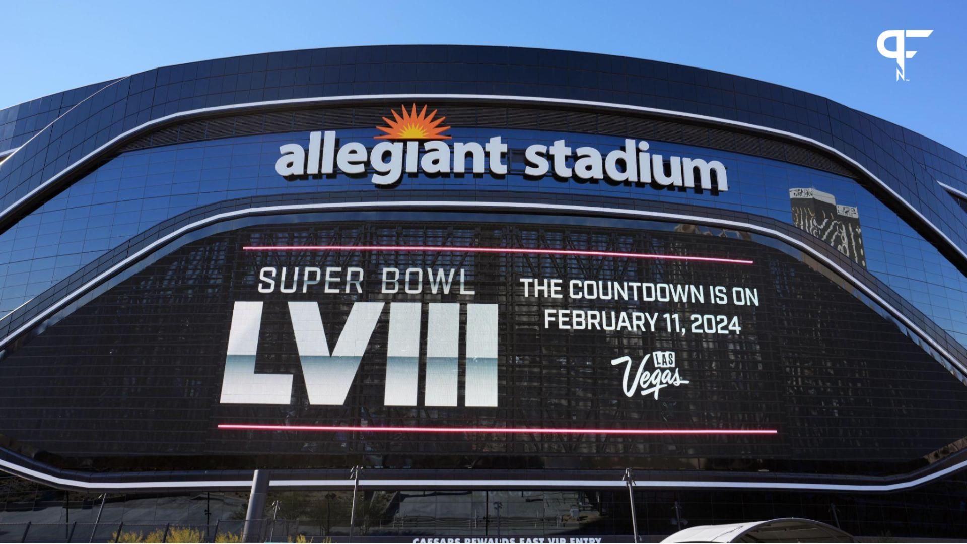 A message promoting Super Bowl LVIII on Feb. 11, 2024 is seen on the Allegiant Stadium video marquee sign board.