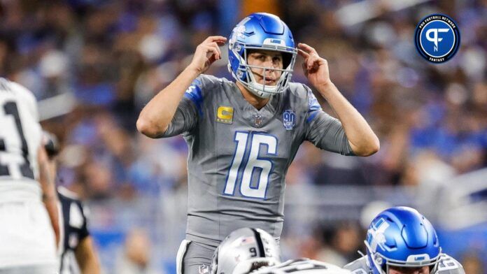 Detroit Lions quarterback Jared Goff talks to teammates at the line of scrimmage before a play against Las Vegas Raiders during the first half at Ford Field in Detroit on Monday, Oct. 30, 2023.