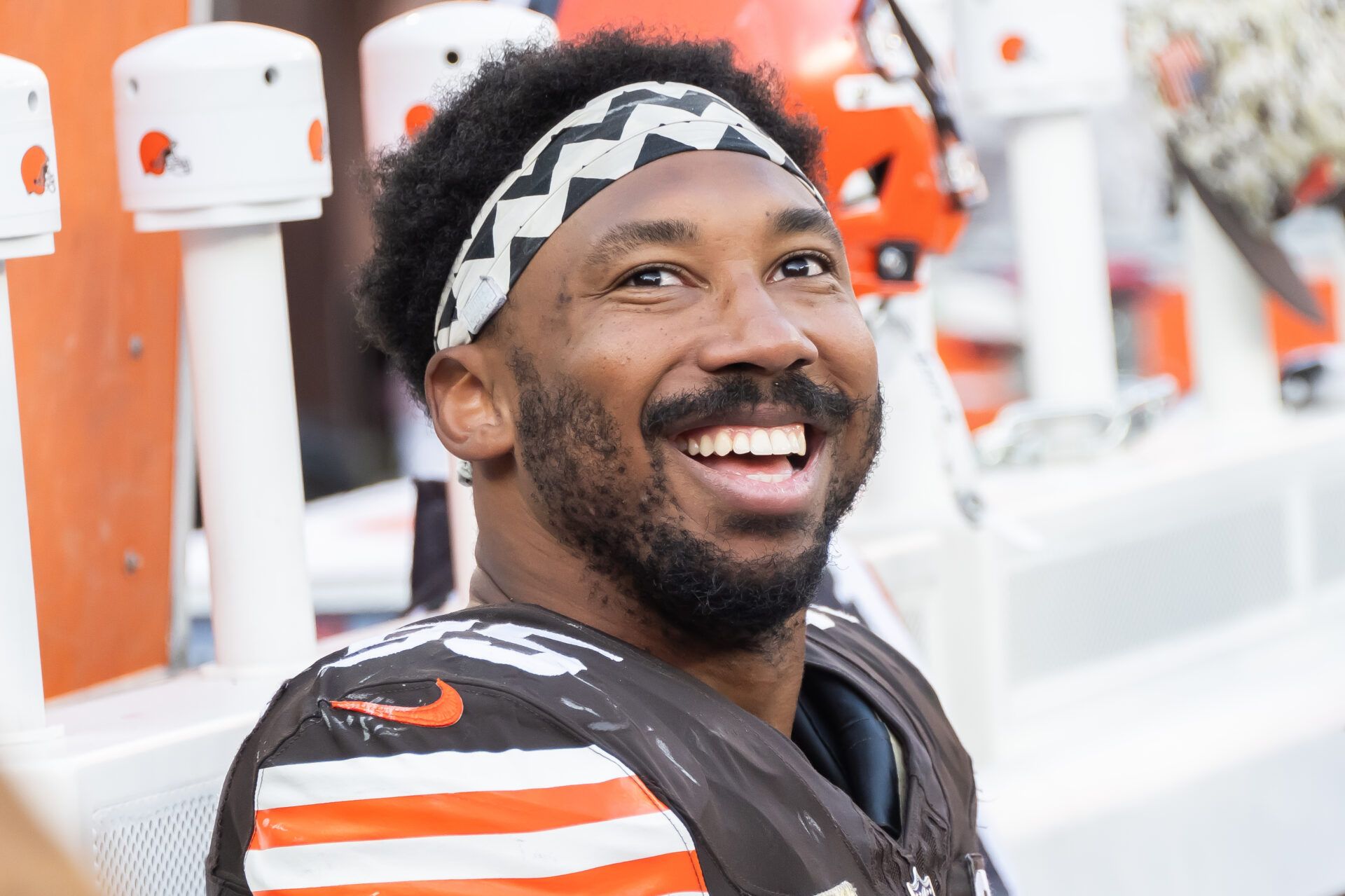 Cleveland Browns defensive end Myles Garrett (95) reacts during the second half against the Arizona Cardinals at Cleveland Browns Stadium.