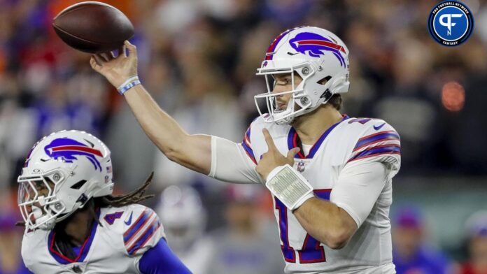 Josh Allen (17) throws a pass against the Cincinnati Bengals in the first half at Paycor Stadium.