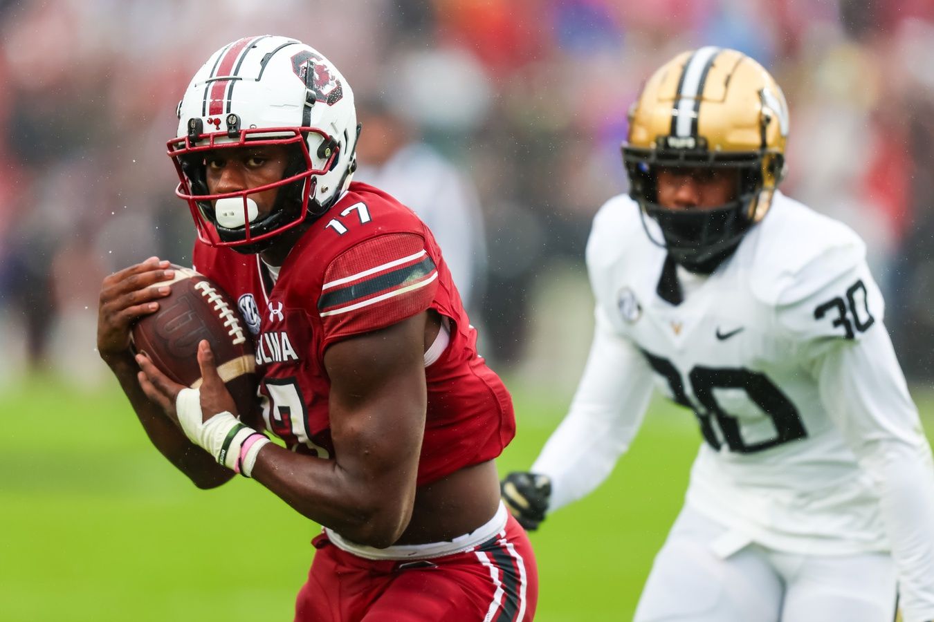 Xavier Legette (17) makes a reception against Vanderbilt Commodores cornerback Trudell Berry (30) in the first quarter at Williams-Brice Stadium.