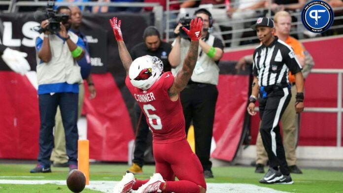 James Conner (6) celebrates a touchdown run against the New York Giants during the first half at State Farm Stadium.