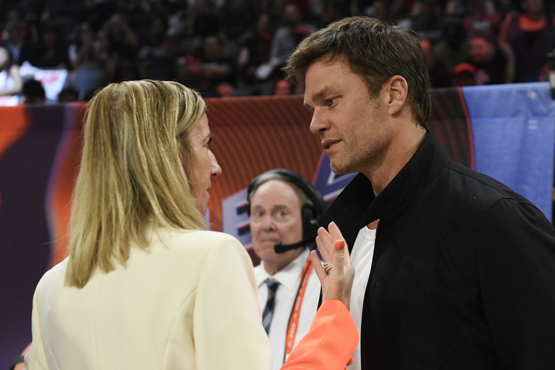 WNBA commissioner Cathy Engelhart speaks with Las Vegas Aces part-owner and former NFL player Tom Brady before game one of the 2023 WNBA Finals between the Las Vegas Aces and the New York Liberty at Michelob Ultra Arena.