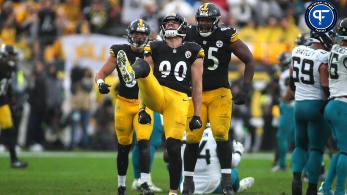 T.J. Watt (90) reacts after sacking Jacksonville Jaguars quarterback Trevor Lawrence during the second half at Acrisure Stadium.