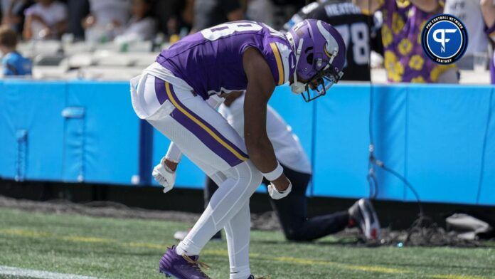 Minnesota Vikings wide receiver Justin Jefferson (18) celebrates his touchdown during the first quarter against the Carolina Panthers at Bank of America Stadium.