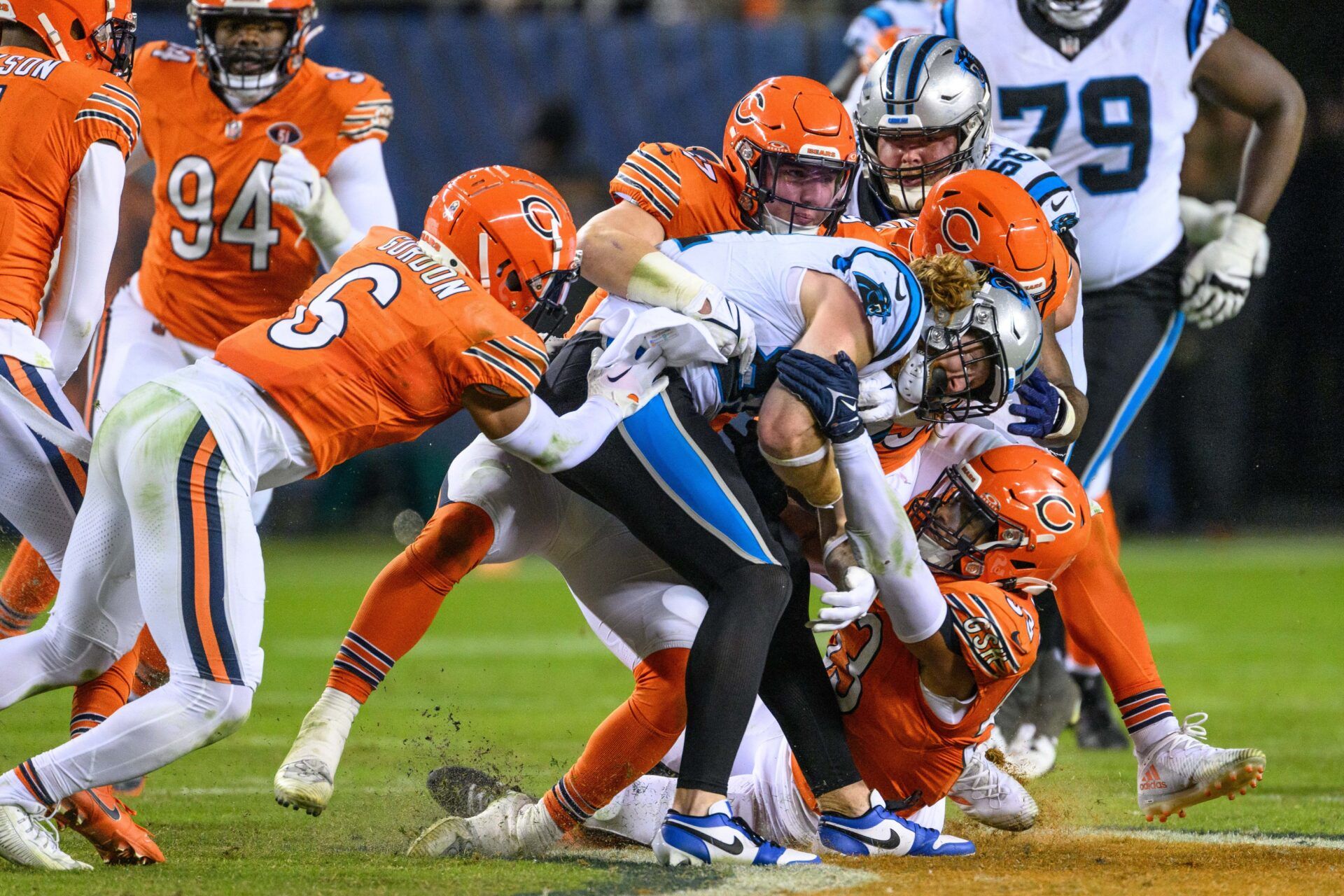 Carolina Panthers tight end Hayden Hurst (81) is tackled after a reception against the Chicago Bears during the fourth quarter at Soldier Field.