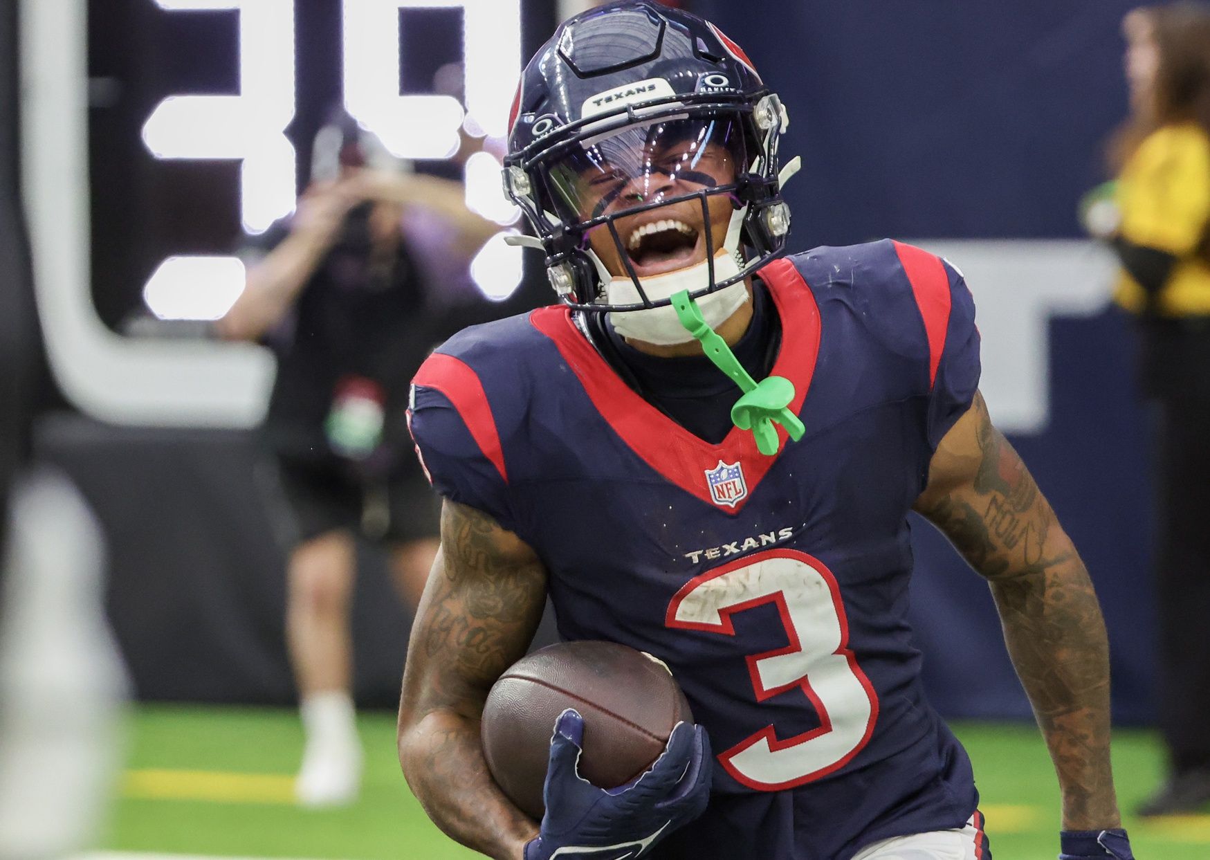 Houston Texans wide receiver Tank Dell (3) celebrates his touchdown reception against the Tampa Bay Buccaneers in the fourth quarter at NRG Stadium.