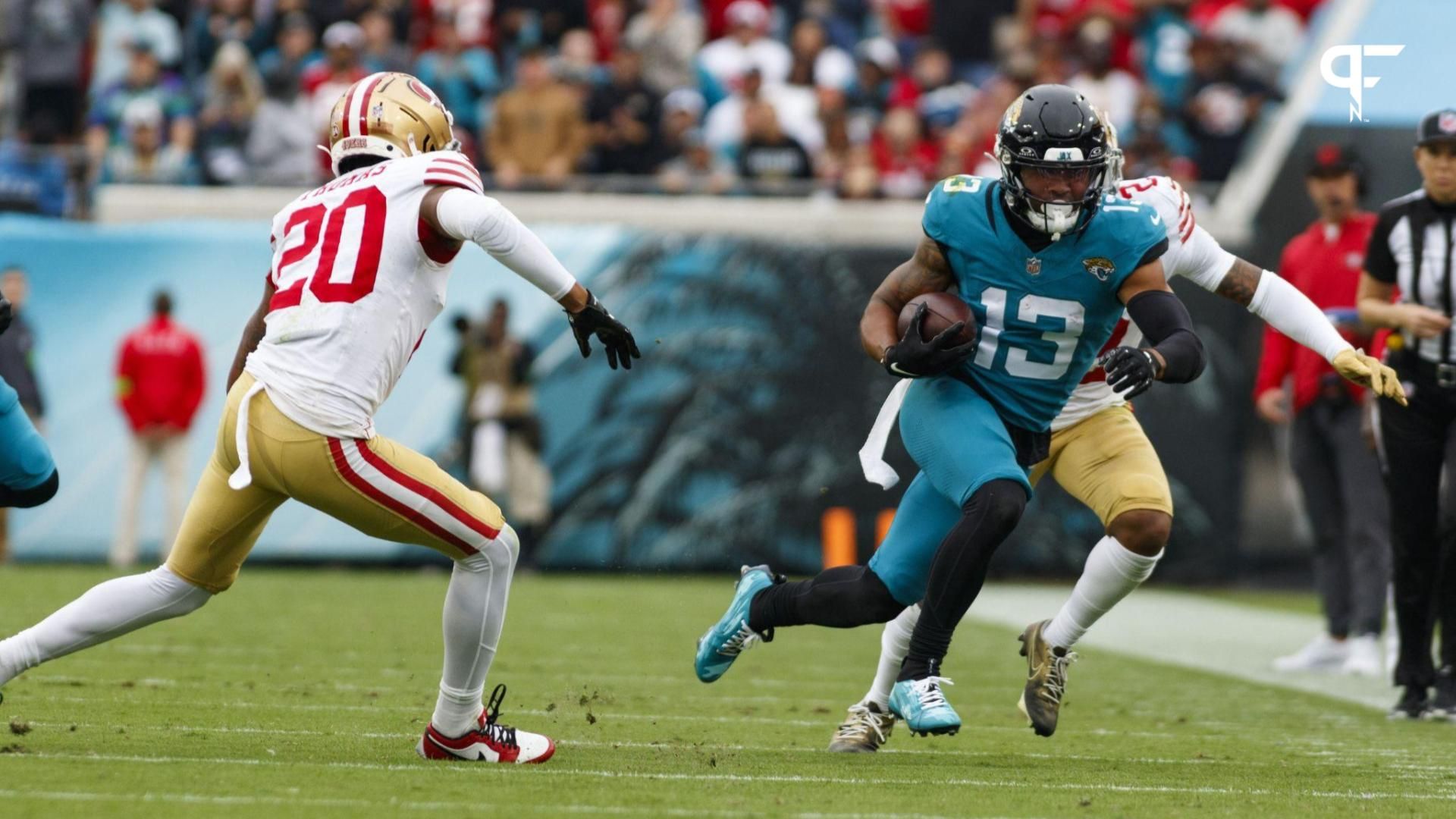 Jacksonville Jaguars wide receiver Christian Kirk (13) runs with the ball past San Francisco 49ers cornerback Ambry Thomas (20) during the second quarter at EverBank Stadium.