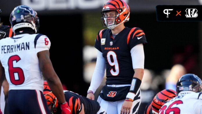 Cincinnati Bengals QB Joe Burrow (9) smiles prior to a play against the Houston Texans.