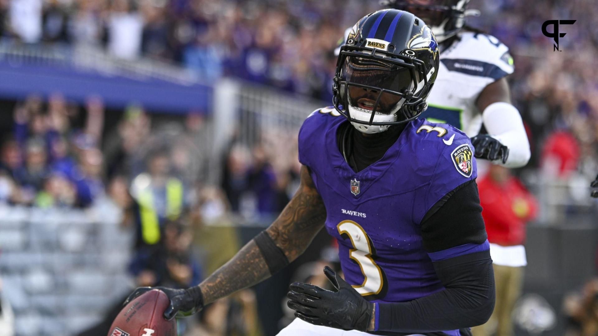 Baltimore Ravens WR Odell Beckham Jr. (3) scores a touchdown against the Seattle Seahawks.