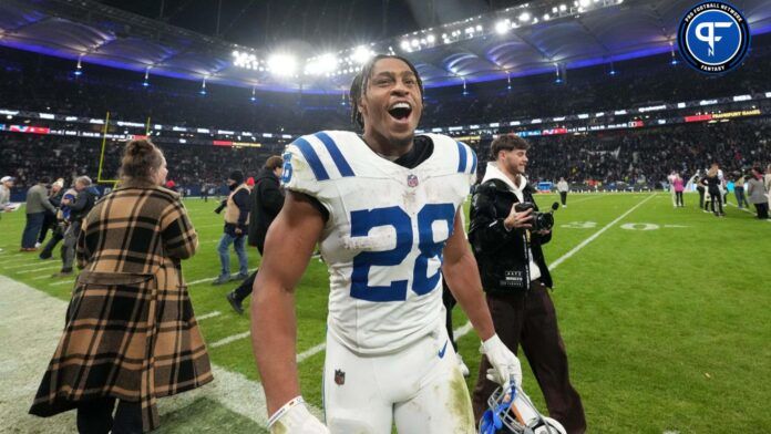 Jonathan Taylor (28) celebrates after an NFL International Series game against the New England Patriots at Deutsche Bank Park.