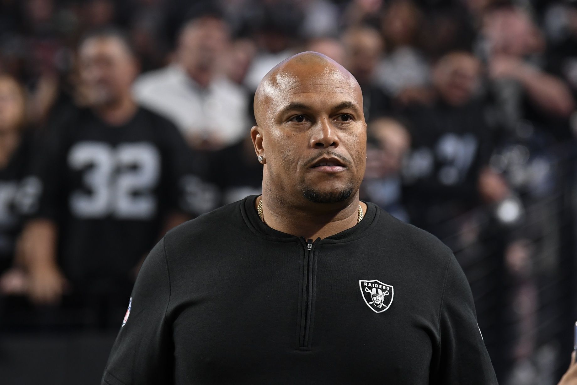 Las Vegas Raiders interim head coach Antonio Pierce enters the field for warm up against the New York Jets at Allegiant Stadium.