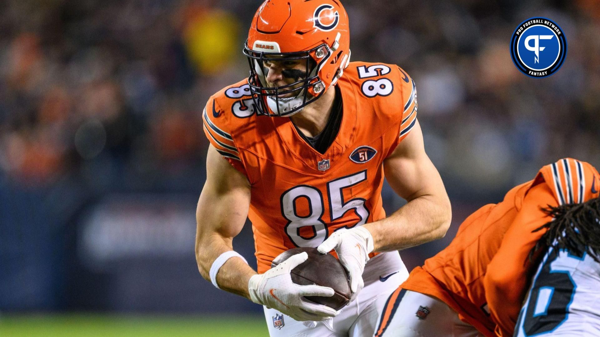 Chicago Bears TE Cole Kmet (85) runs after the catch against the Carolina Panthers.