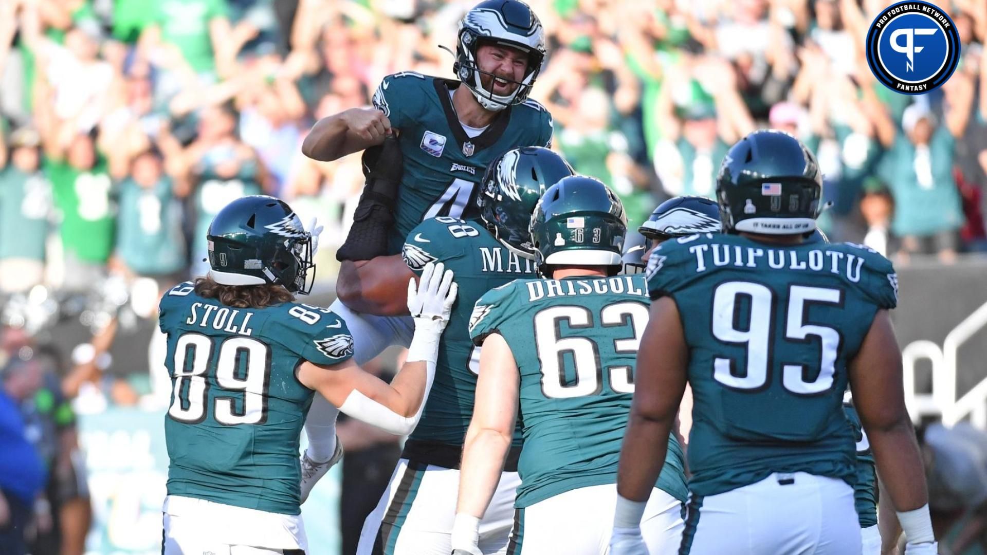 Philadelphia Eagles place kicker Jake Elliott (4) celebrates after making a 54-yard field goal to defeat the Washington Commanders.