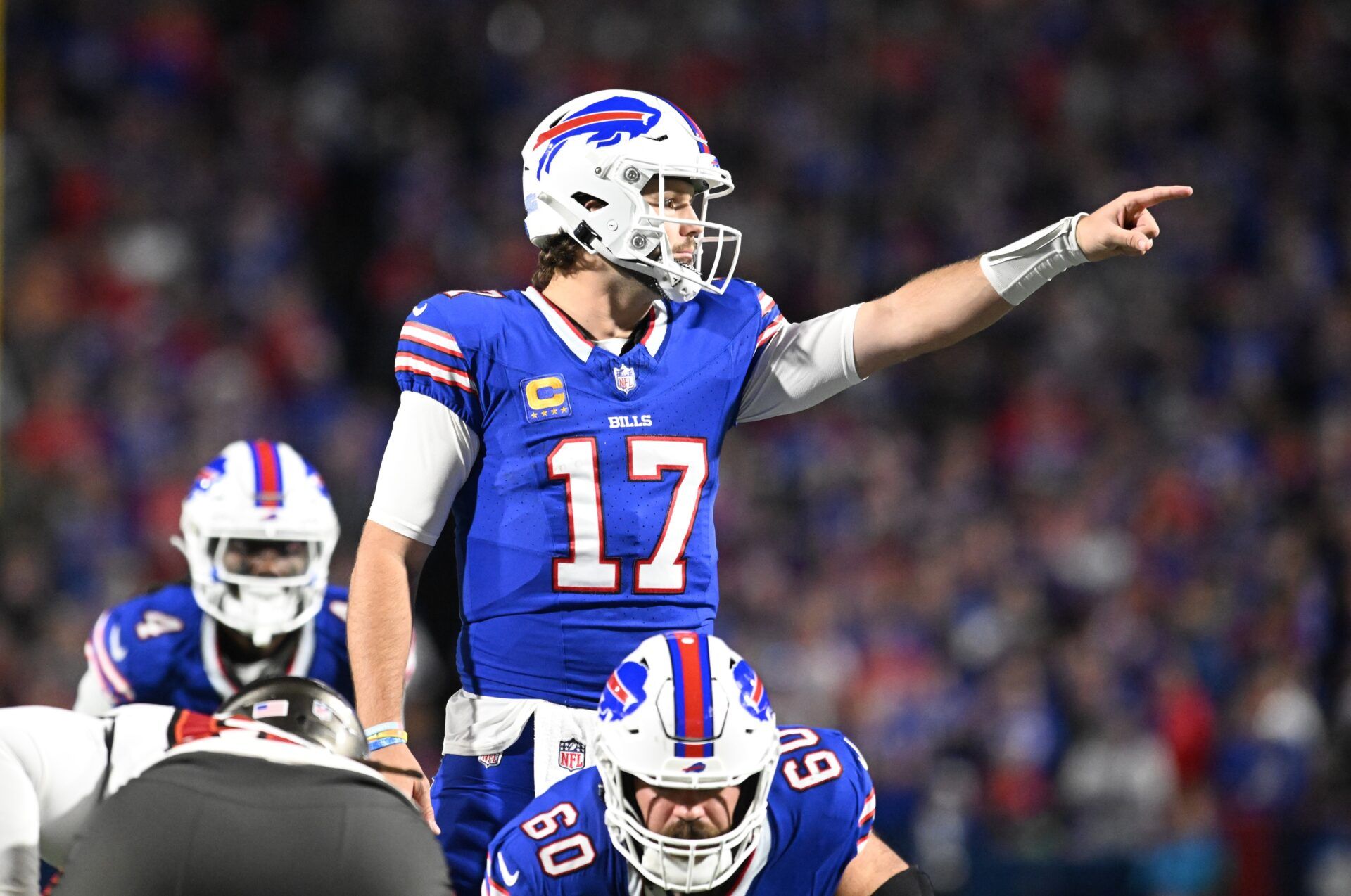 Josh Allen (17) gestures in the second quarter against the Tampa Bay Buccaneers at Highmark Stadium.