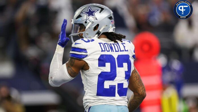 Rico Dowdle (23) reacts during the second half against the New York Giants at AT&T Stadium.