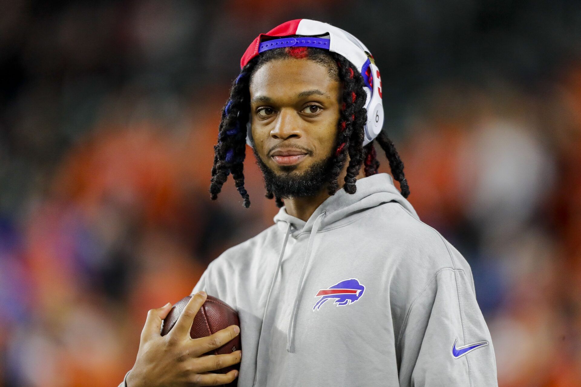 Buffalo Bills safety Damar Hamlin (3) stands on the field during warmups before the game against the Cincinnati Bengals at Paycor Stadium.