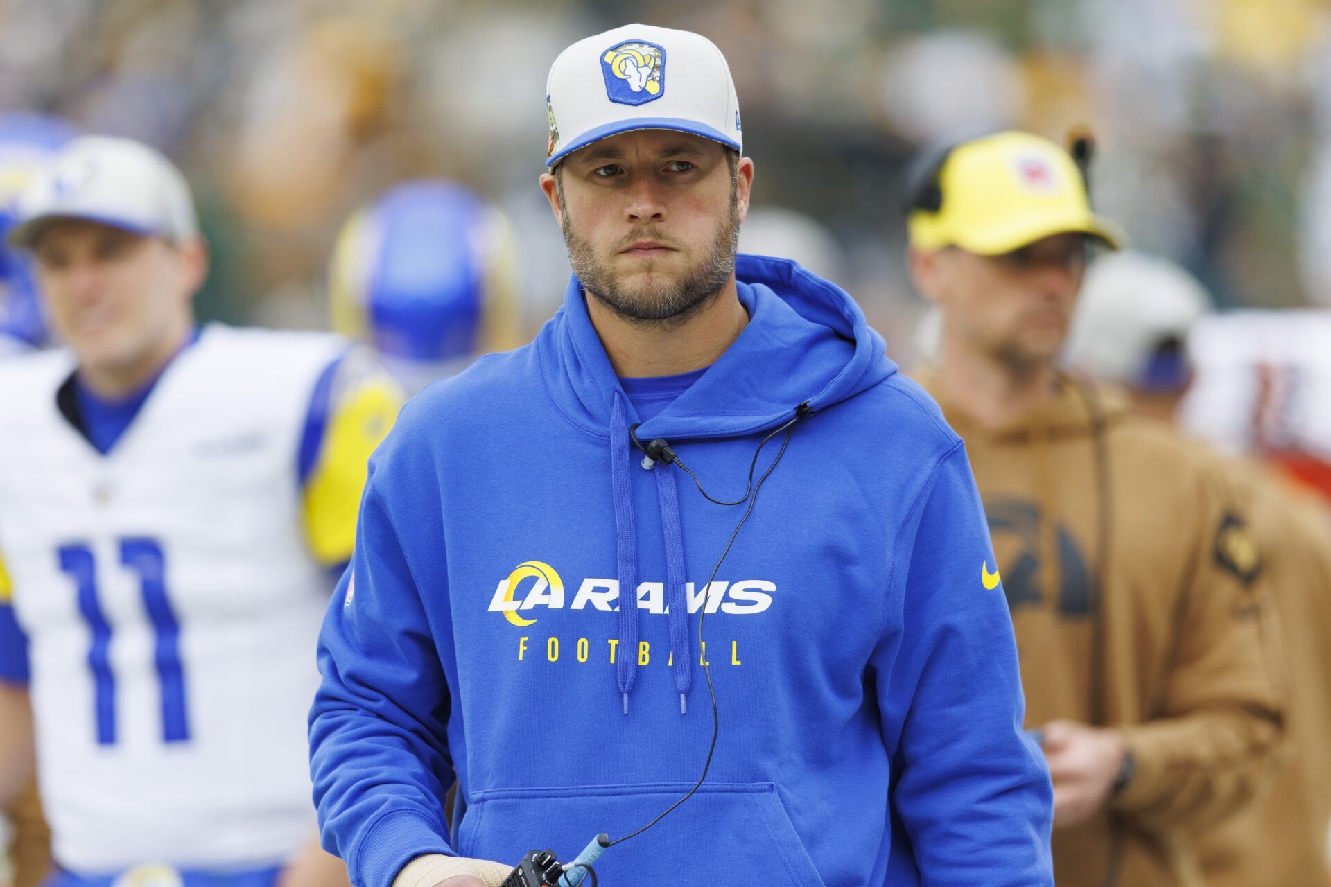 Los Angeles Rams quarterback Matthew Stafford looks on from the sidelines prior to the game against the Green Bay Packers at Lambeau Field.