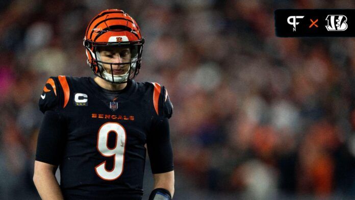 Cincinnati Bengals quarterback Joe Burrow (9) waits on a review of a touchdown reception that was eventually placed at the inches form the goal line in the third quarter during an NFL wild-card playoff football game on Sunday, Jan. 15, 2023, at Paycor Stadium in Cincinnati.