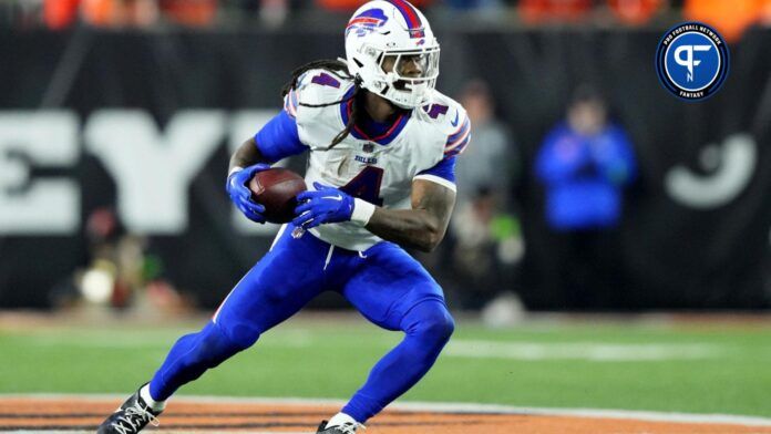 Buffalo Bills running back James Cook (4) catches a pass out of the backfield in the third quarter during a Week 9 NFL football game between the Buffalo Bills and the Cincinnati Bengals, Sunday, Nov. 5, 2023, at Paycor Stadium in Cincinnati.