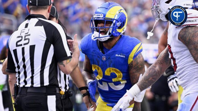 Los Angeles Rams running back Kyren Williams (23) argues with referees during the second half at SoFi Stadium.